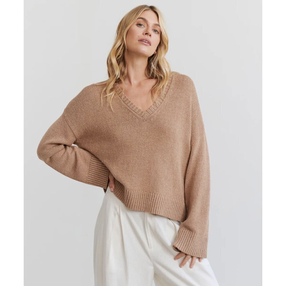 Jenni Kayne Sienna Brown Knit V-Neck Linen Dylan Sweater